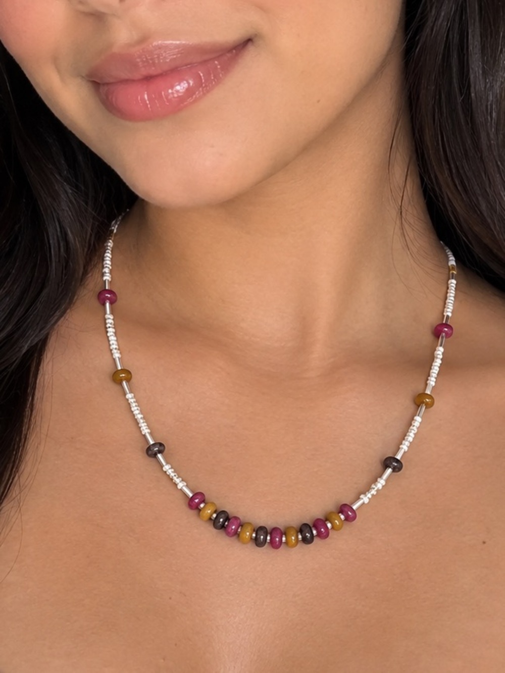 Beaded Multicolor agate Necklace - Pink, Mustard & Brown Accent